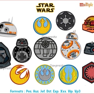 May include: A set of 10 Star Wars embroidery designs featuring characters and symbols from the franchise. The designs include a Death Star, a TIE fighter, a Stormtrooper, a lightsaber, and the Star Wars logo. The designs are available in multiple sizes and formats.