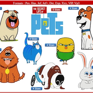 Puede incluir: Diseños bordados con personajes de la película "Mascotas". Incluye un pug, un gato, un perro, un periquito, un conejo y otros personajes. También incluye el texto "THE SECRET LIFE OF PETS".