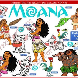 Puede incluir: Una colección de diseños de bordado coloridos con personajes y elementos de la película animada "Moana". Los diseños incluyen personajes como Moana, Maui, Pua, Hei Hei y el bebé Moana, con la palabra "Moana" en turquesa.