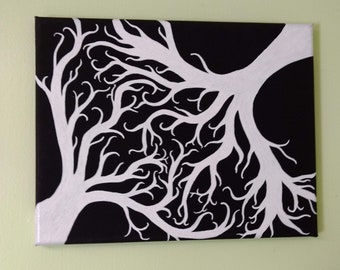 Black and White Tree Painting - 11 X 14 inch Black Canvas Painting - Abstract Tree Art - Abstract Doodle Drawing