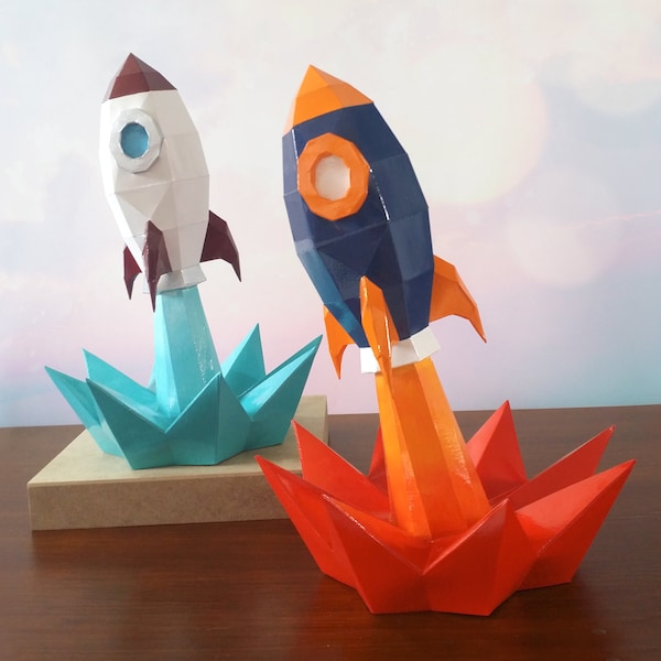 Diy craft rocket papercraft model lowpoly, paper skyrocket template desk decor, paper craft 3d handmade gift for kids, origami 3d pattern