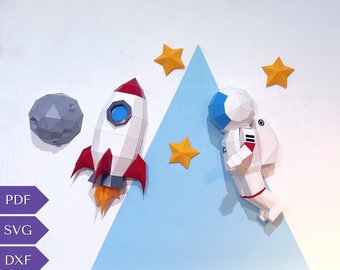 Rocket and astronaut Papercraft, Rocket Template Pack, DIY Paper Rocket SVG, Lowpoly Papercrafts, PDF Printable Download. Rocket Template