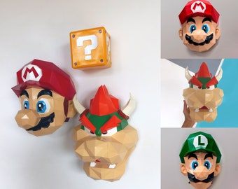 Mario Bros Papercraft 3D DIY Browser, Low Poly Bowser & Luigi, Gamer Wall, Decorations, Game Room DIY, Mario Face Paper Mario 3D Art