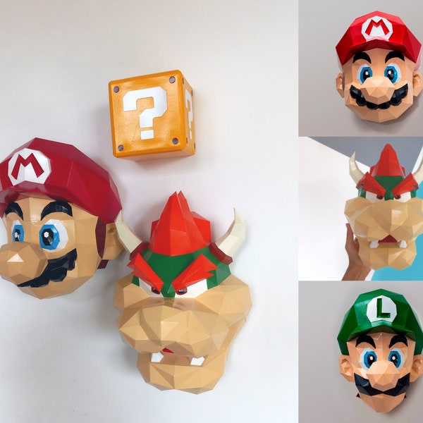 Mario Bros Papercraft 3D-DIY-Browser, Low Poly Bowser & Luigi, Gamer-Wand, Dekorationen, Spielzimmer-DIY, Mario Face Paper Mario 3D-Kunst