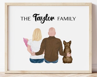 Illustration de portrait de famille personnalisé, cadeau portrait de couple personnalisé pour maman et sa fille, cadeau d'anniversaire pour grands-parents, portrait de chien