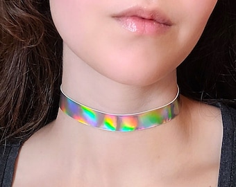 Gold Holographic Choker, Techwear Cyberpunk Necklace, Iridescent Rainbow Necklace, Plastic Cyber Punk Choker, Cybergoth Jewelry