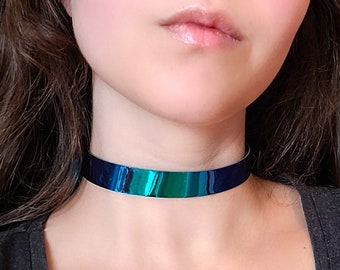 Blue Holographic Choker Collar Cyberpunk Necklace, Green Plastic Cyber Punk Choker, Cybergoth Rainbow Necklace, Iridescent Rave Kandi