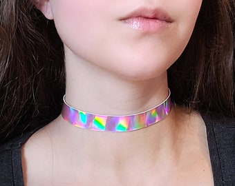 Pink Holographic Collar Choker Cyberpunk Necklace, Iridescent Kawaii Necklace, Pastel Goth Choker, Rave Kandi, Futuristic Techwear