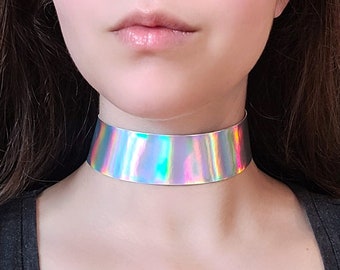 Silver Holographic Collar Choker Cyberpunk Necklace, Wide Plastic Cyber Punk Choker, Futuristic Techwear, Cybergoth Jewelry, Rave Kandi