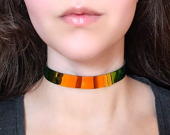 Red Cyberpunk Necklace, Holographic Choker Collar, Green Plastic Cyber Punk Choker, Techwear Jewelry, Iridescent Rainbow Necklace Rave Kandi