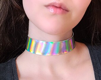 Gold Holographic Collar Choker Cyberpunk Necklace, Futuristic Techwear Jewelry, Wide Plastic Cybergoth Choker, Rainbow Necklace, Rave Kandi