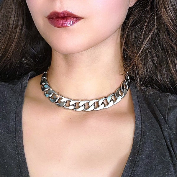 Cuban Link Chain Necklace, Thick Stainless Steel Curb Chain Choker, Chunky Toggle Clasp Collar Choker, 90s Grunge Punk Choker Gothic Jewelry