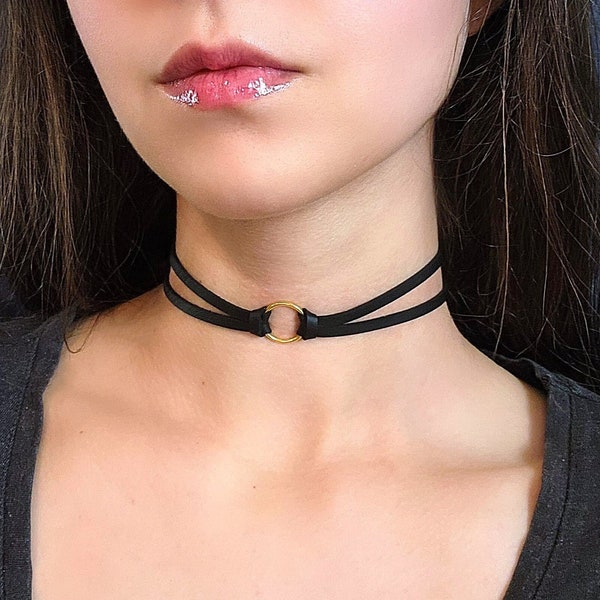 Black O Ring Collar Choker, Layered Vegan Faux Leather Gothic Choker, Day Gold O Ring Necklace, Goth Collar Necklace 90s Grunge Punk Jewelry