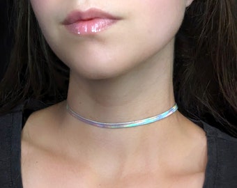 Thin Holographic Choker, Silver Faux Leather Cyberpunk Choker, Pastel Goth Necklace, Rainbow Rave Jewelry, Iridescent Cybergoth Techwear