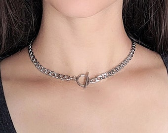 Cubaanse choker met schakelketting, dikke roestvrijstalen ketting, jaren 90 gothic-ketting, zilveren punkchoker, O-ring knevelsluiting