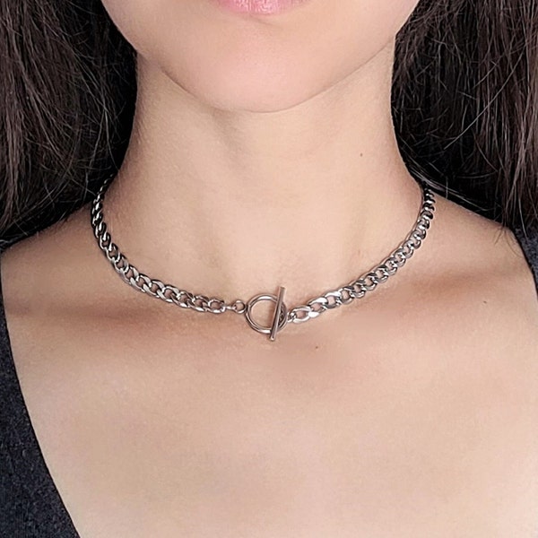 Cuban Link Chain Choker, Chunky Curb Stainless Steel Chain, 90s Goth Necklace, Silver Punk Choker, O Ring Toggle Clasp