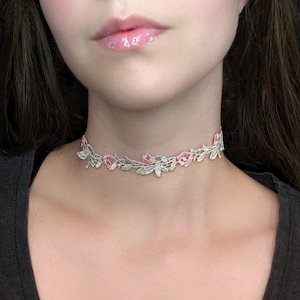 Pink Lace Choker, Flower Embroidery Rose Necklace, Floral Cottagecore Necklace, Whimsical Fairy Fairycore Jewelry, Coquette Victorian Choker