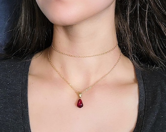 Pomegranate Necklace, Layered Fruit Necklace, Delicate Gold Chain Choker, Dainty Minimalist Persephone Jewelry, Red Pendant Charm