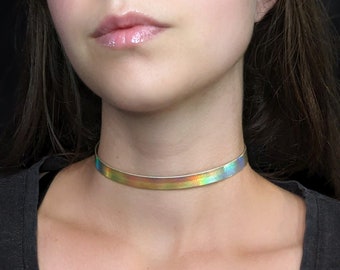 Gouden holografische choker, iriserende Techwear Cybergoth choker, pastel Goth Rainbow Rave cyberpunk ketting, kunstleer Cyber Goth sieraden