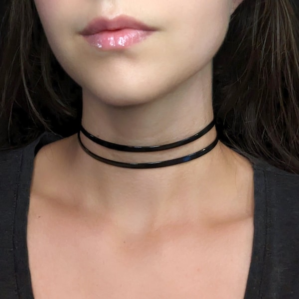 Black Patent Leather Choker, Layered Vegan Faux Leather Necklace, Shiny Gothic Choker, 90s Grunge Jewelry, Punk Necklace, Scene Emo Jewelry