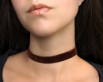 Brown Choker Velvet Necklace, Whimsigoth Jewelry, Boho Grunge Whimsy Goth Choker, Dark Brown Minimalist Ribbon, Plus Size Available