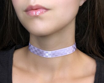 Gargantilla a cuadros púrpura, gargantilla gótica pastel, collar Kidcore Kawaii de tablero de ajedrez, moda Decora Harajuku, collar Scene Egirl