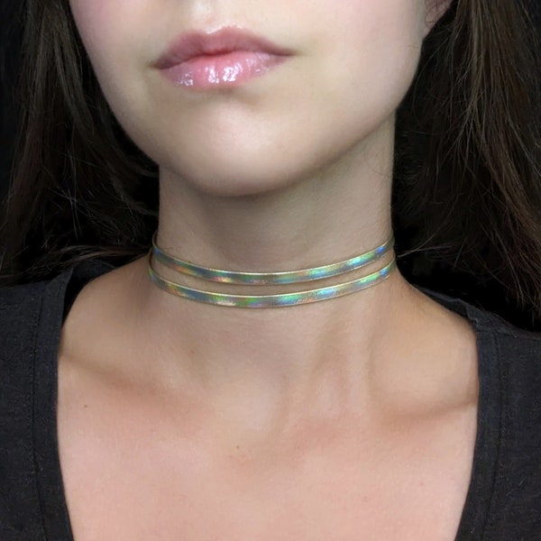 Mehrreihiger Gold Holographischer Choker, Cyberpunk Kunstleder Choker, Rave Techwear Cybergoth Schmuck, Regenbogen irisierende Cyper Punk Halskette