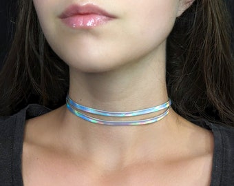 Layered Holographic Choker, Silver Faux Leather Cyberpunk Choker, Iridescent Rave Jewelry, Rainbow Cyberpunk Techwear, Cybergoth Necklace