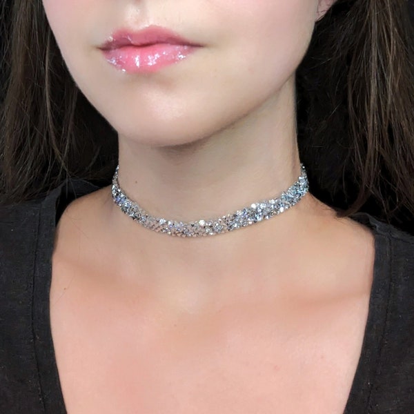 Silver Rhinestone Choker, Glitter Crystal Choker, Sparkly Rave Jewelry, Kawaii Necklace, Glam Glittery Dance Costume