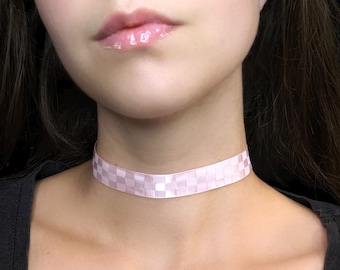 Gargantilla a cuadros rosa, gargantilla gótica pastel rosa claro, collar Kidcore Kawaii de tablero de ajedrez, moda Decora Harajuku, collar Scene Egirl