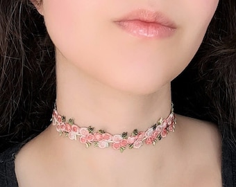 Pink Rose Necklace, Lace Choker, Floral Embroidery Choker, Fantasy Fairy Flower Necklace, Fairycore Jewelry