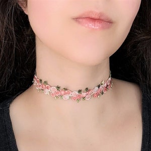 Pink Rose Necklace, Lace Choker, Floral Embroidery Choker, Fantasy Fairy Flower Necklace, Fairycore Jewelry