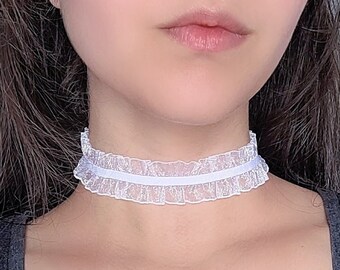 Dainty White Ruffle Choker, Sweet Lolita Fashion, Cute Pastel Goth Necklace, Kawaii Lolita Jewelry