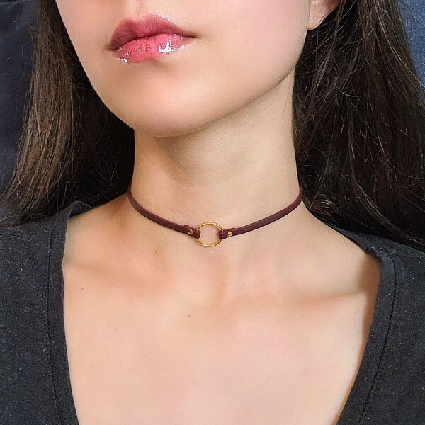 Red Collar Choker, Gold O Ring Necklace, Vegan Faux Leather Punk Choker, Gothic Jewelry, 90s Grunge Thin Collar Necklace
