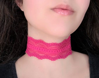 Hot Pink Lace Wide Choker Collar Necklace with Adjustable Clasp