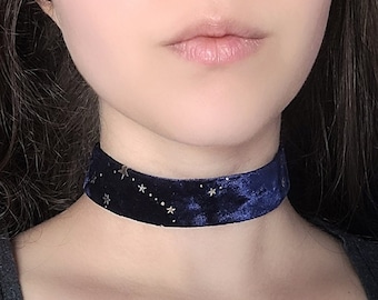 Blue Goth Velvet Choker, Constellation Necklace, Space Necklace, Gold Star Choker, Fairycore Celestial Whimsigoth Jewelry