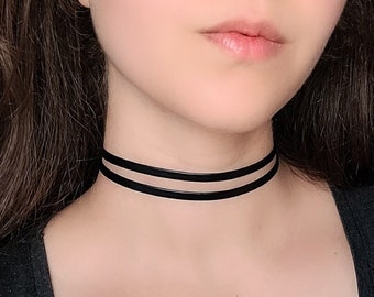 Layered Leather Choker, Black Vegan Leather Necklace, 90s Goth Clothing, Grunge Gothic Choker, Emo Punk Jewelry