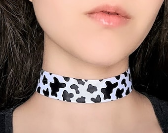 Cow Print Ribbon Choker, Cow Print Accessories, Animal Print Necklace, Black and White Cow Choker, Funky Alternative Jewelry