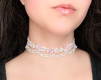 White Lace Choker, Pink Rose Necklace, Dainty Floral Victorian Choker, Fairycore Flower Necklace, Whimsical Fairy Jewelry