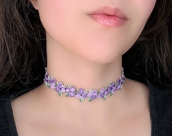 Purple Lace Choker, Rose Vine Necklace, Whimsical Fairycore Choker, Violet Flower Necklace, Fae Fantasy Jewelry