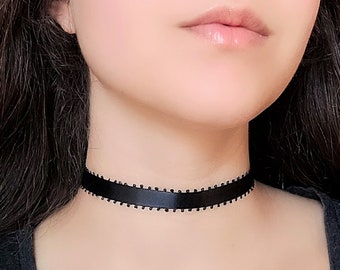Black Satin Ribbon Choker, Thin Lace Victorian Choker, Gothic Lolita Necklace, Emo Mall Goth Necklace