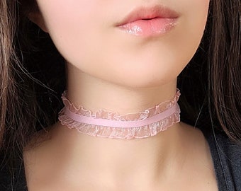 Rosa Rüschen Choker, Sweet Lolita Schmuck, Spitze Choker, Pastell Goth Kette, süsse Kawaii Kette