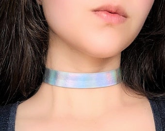 Cyberpunk Leather Choker, Iridescent Holographic Choker, 90s Rave Necklace, Pastel Goth Jewelry, Rainbow Cyber Punk Jewelry