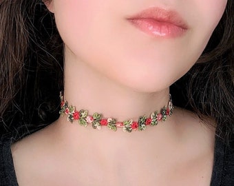 Red Rose Vine Necklace, Lace Choker, Whimsical Flower Necklace, Pink Fairycore Jewelry, Floral Embroidery Choker, Fantasy Fairy Costume
