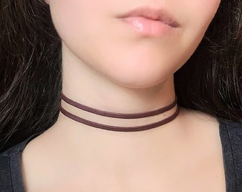 Red Faux Leather Choker, Thin Double Layer Choker, Suede Gothic Choker, Vegan Leather Necklace, Punk Grunge Jewelry