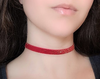 Red Choker Velvet, Bright Red Glittery Choker, Gold Metallic Sparkly Thin Velvet Necklace
