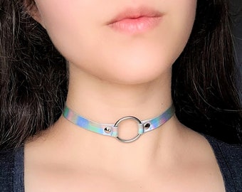 Cyberpunk Leather Choker Collar, Studded Holographic Collar, O Ring Punk Choker, 90s Rave Necklace, Pastel Goth Jewelry