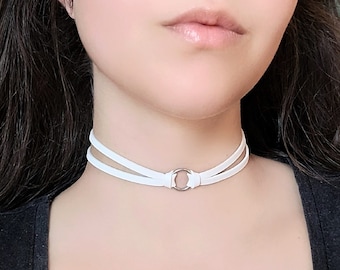 White O Ring Choker, Vegan Leather Layered Small O Ring Collar Choker, Tiny Faux Leather Necklace, White Goth Necklace, Punk Jewelry