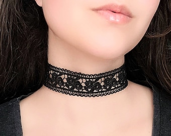 Wide Black Lace Choker, Black Rose Necklace, Floral Embroidered Victorian Choker, Gothic Necklace, Witchy Goth Jewelry