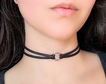 Small O Ring Choker, Tiny O Ring Double Layer Brown Vegan Leather Collar Choker,  Knotted Leather Necklace, 90s Grunge Goth Jewelry